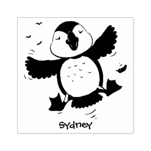 Cute happy fly puffin blue cartoon illustratie rubberstempel