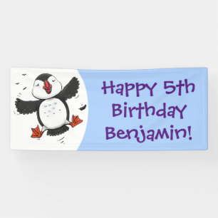 Cute happy fly puffin blue cartoon illustratie spandoek