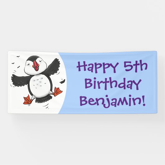 Cute happy fly puffin blue cartoon illustratie spandoek (Horizontaal)