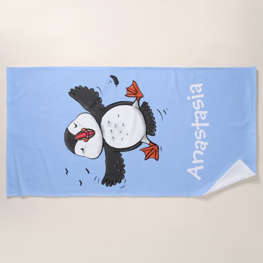 Cute happy fly puffin blue cartoon illustratie strandlaken (Voorkant)