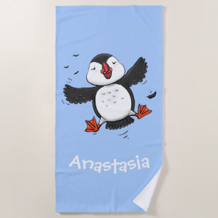 Cute happy fly puffin blue cartoon illustratie strandlaken