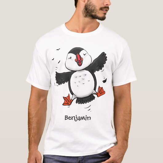 Cute happy fly puffin blue cartoon illustratie t-shirt (Voorkant)