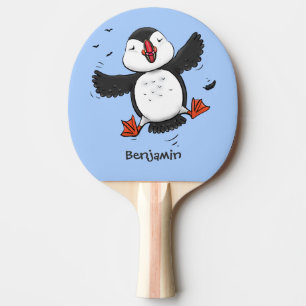 Cute happy fly puffin blue cartoon illustratie tafeltennisbatje