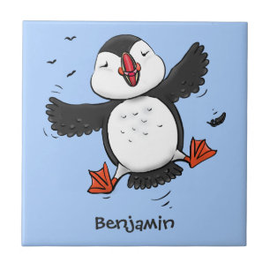 Cute happy fly puffin blue cartoon illustratie tegeltje