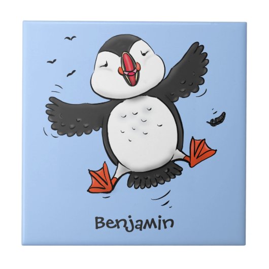 Cute happy fly puffin blue cartoon illustratie tegeltje (Voorkant)
