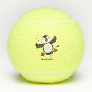 Cute happy fly puffin blue cartoon illustratie tennisballen