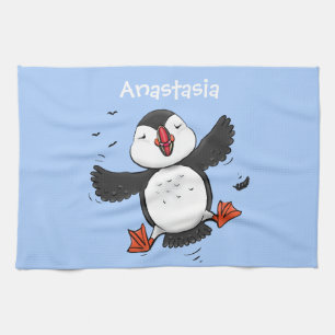 Cute happy fly puffin blue cartoon illustratie theedoek