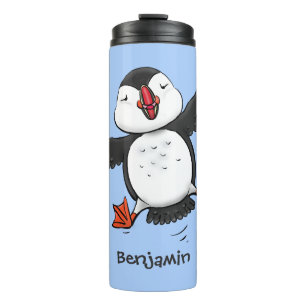 Cute happy fly puffin blue cartoon illustratie thermosbeker