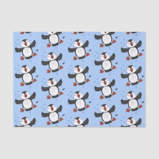 Cute happy fly puffin blue cartoon illustratie tissuepapier (Voorkant)