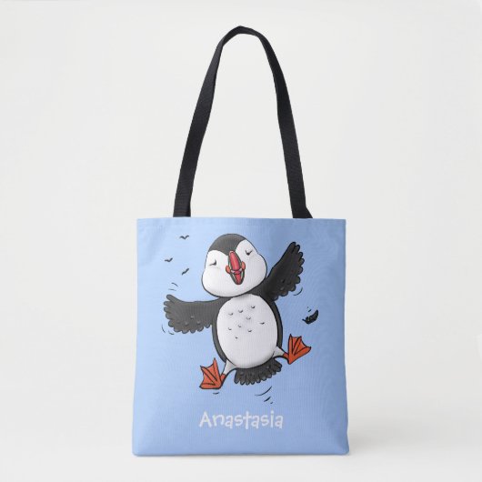 Cute happy fly puffin blue cartoon illustratie tote bag (Voorkant)