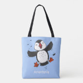 Cute happy fly puffin blue cartoon illustratie tote bag (Achterkant)