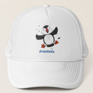 Cute happy fly puffin blue cartoon illustratie trucker pet