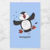 Cute happy fly puffin blue cartoon illustratie voedselcontainer etiket (Enkel label)