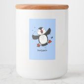 Cute happy fly puffin blue cartoon illustratie voedselcontainer etiket (Voorkant)