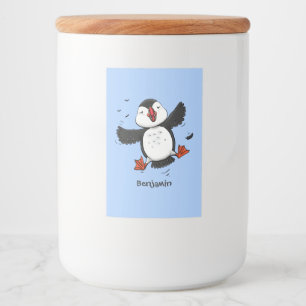 Cute happy fly puffin blue cartoon illustratie voedselcontainer etiket