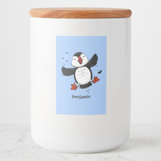 Cute happy fly puffin blue cartoon illustratie voedselcontainer etiket (Voorkant)