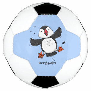 Cute happy fly puffin blue cartoon illustratie voetbal