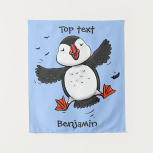 Cute happy fly puffin blue cartoon illustratie wandkleed