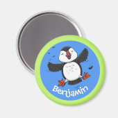 Cute happy fly puffin cartoon illustratie magneet (Voorkant / Achterkant)