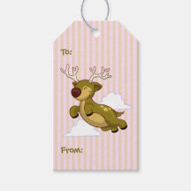 Cute Happy Flying Rudolph Reindeer Pink Stripes