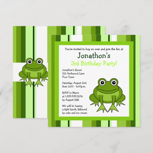 Cute Happy Frog met Stripes Birthday Invite Kaart (Voorkant / Achterkant)