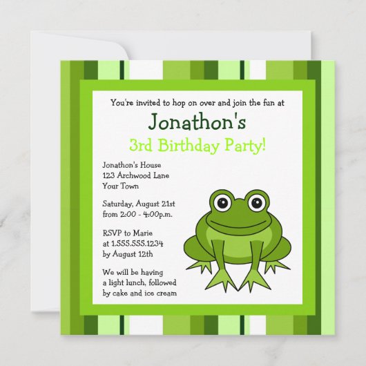 Cute Happy Frog met Stripes Birthday Invite Kaart (Voorkant)