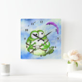 Cute Happy Funny Frog Paraglider - Cartoon Tekenin Vierkante Klok (Huis)