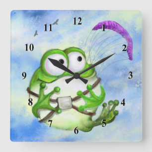 Cute Happy Funny Frog Paraglider - Cartoon Tekenin Vierkante Klok