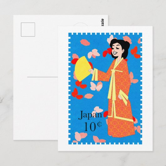 Cute Happy Girl Japan Stamp Art Briefkaart (Voorkant / Achterkant)