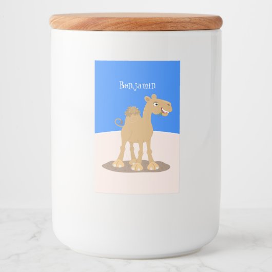 Cute happy glimlach camel cartoon illustratie voedselcontainer etiket (Voorkant)