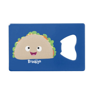 Cute happy glimlach taco cartoon illustratie creditkaart flessenopener