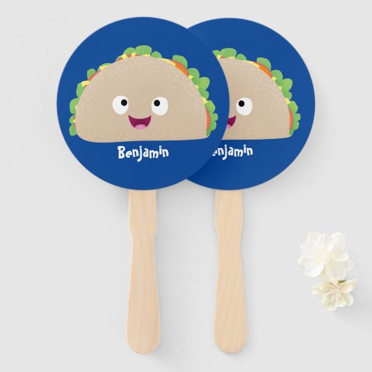 Cute happy glimlach taco cartoon illustratie handwaaier (Voorkant en achterkant)