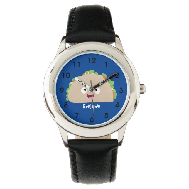 Cute happy glimlach taco cartoon illustratie horloge (Voorkant)