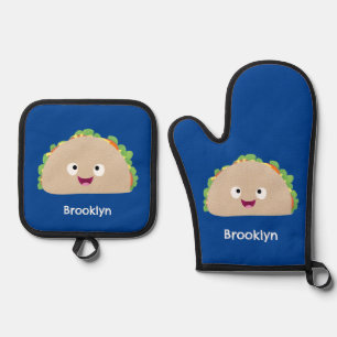 Cute happy glimlach taco cartoon illustratie ovenwant & pannenlap set