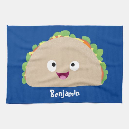 Cute happy glimlach taco cartoon illustratie theedoek (Horizontaal)