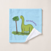 Cute happy green brontosaurus dinosaur cartoon bad handdoek (Wasdoekje)
