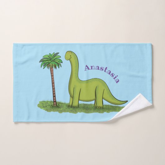 Cute happy green brontosaurus dinosaur cartoon bad handdoek (Handdoek)