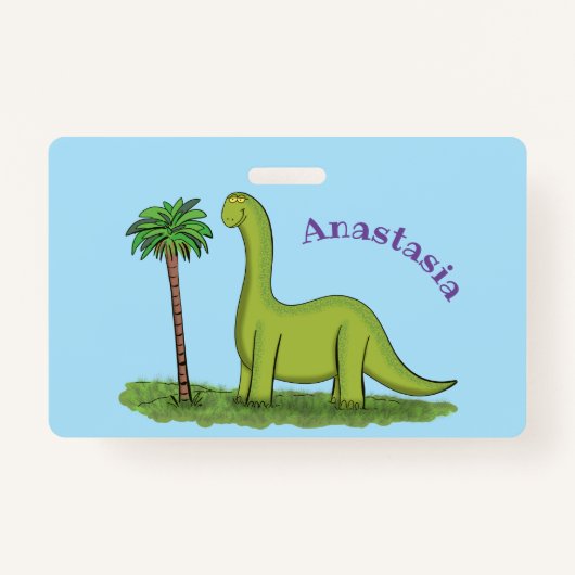 Cute happy green brontosaurus dinosaur cartoon badge (Voorkant)