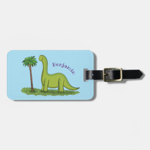 Cute happy green brontosaurus dinosaur cartoon bagagelabel