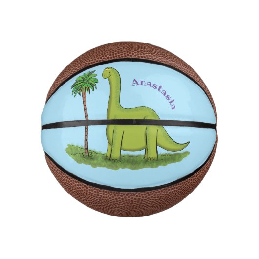 Cute happy green brontosaurus dinosaur cartoon basketbal (Voorkant)