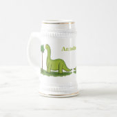 Cute happy green brontosaurus dinosaur cartoon bierpul (Voorkant links)