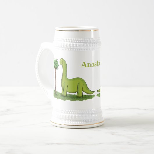 Cute happy green brontosaurus dinosaur cartoon bierpul (Voorkant links)