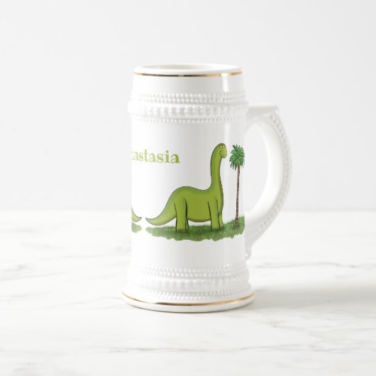 Cute happy green brontosaurus dinosaur cartoon bierpul (Voorkant rechts)