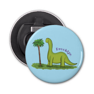 Cute happy green brontosaurus dinosaur cartoon button flesopener