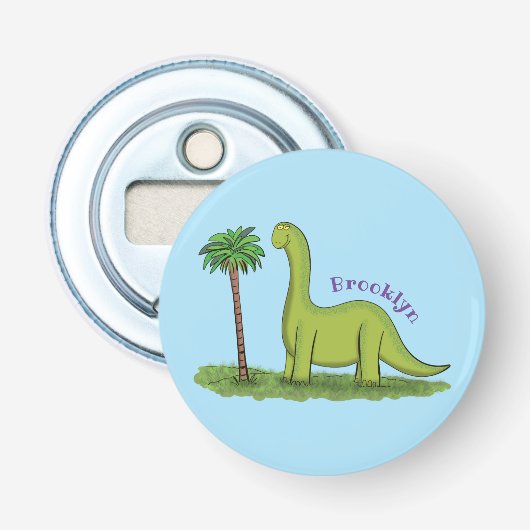 Cute happy green brontosaurus dinosaur cartoon button flesopener (Voorkant)