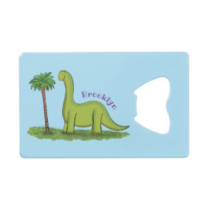 Cute happy green brontosaurus dinosaur cartoon creditkaart flessenopener