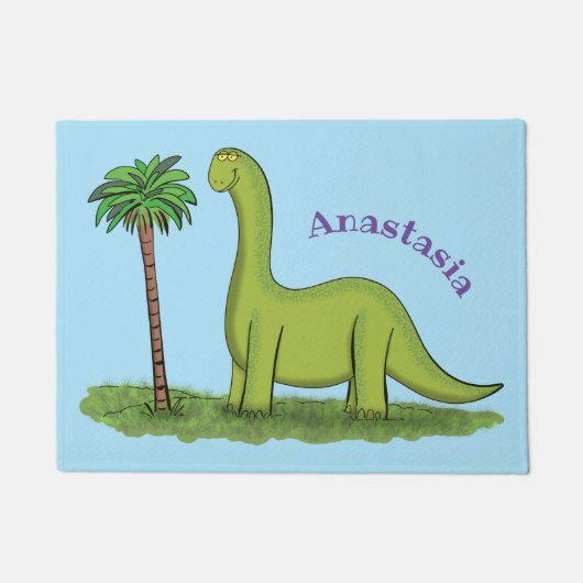 Cute happy green brontosaurus dinosaur cartoon deurmat (Voorkant)
