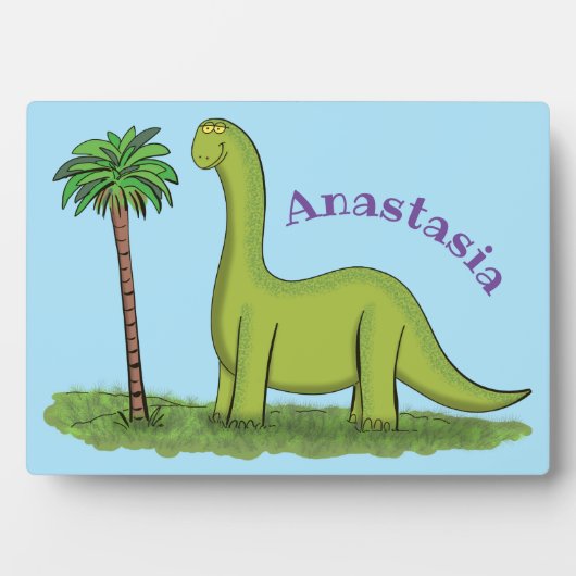 Cute happy green brontosaurus dinosaur cartoon fotoplaat (voorkant)