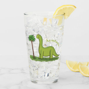 Cute happy green brontosaurus dinosaur cartoon glas