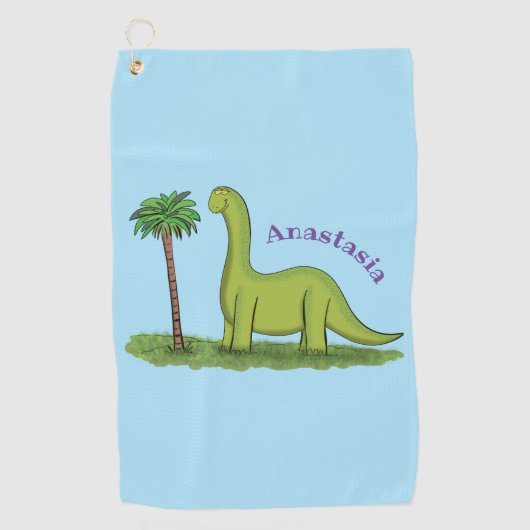 Cute happy green brontosaurus dinosaur cartoon golfhanddoek (Voorkant)